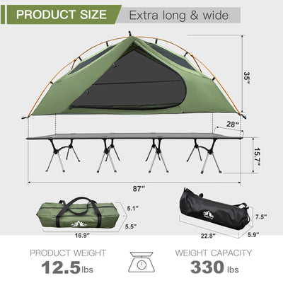 Night Cat Camping Cot Tent - Waterproof 4-Season 1-Person Off-Ground Elevated Dome Tent with Cot Bed