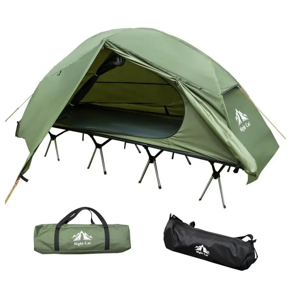 Night Cat Camping Cot Tent - Waterproof 4-Season 1-Person Off-Ground Elevated Dome Tent with Cot Bed