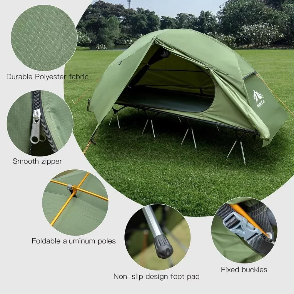 Night Cat Camping Cot Tent - Waterproof 4-Season 1-Person Off-Ground Elevated Dome Tent with Cot Bed