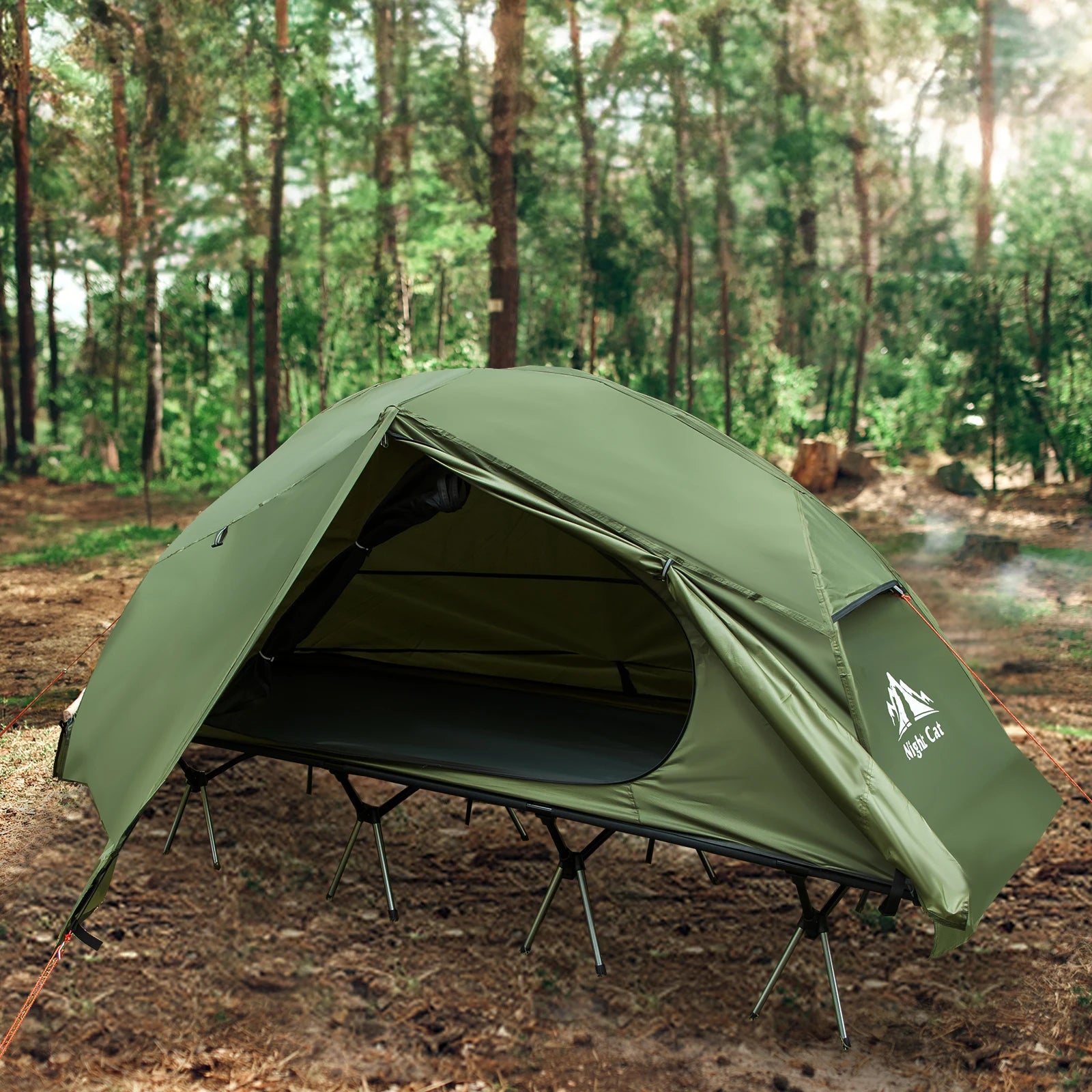 Night Cat Camping Cot Tent - Waterproof 4-Season 1-Person Off-Ground Elevated Dome Tent with Cot Bed